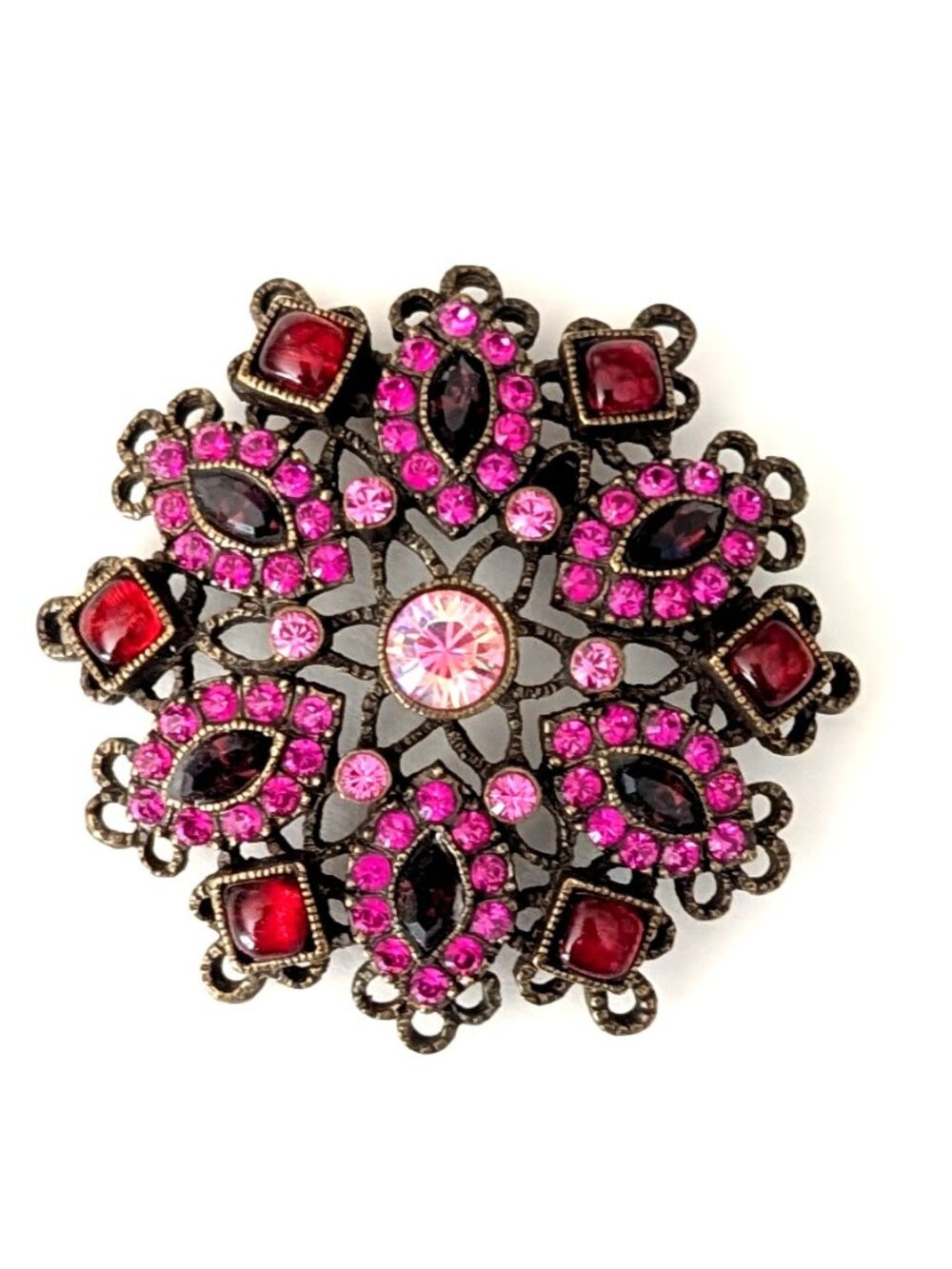 Hot pink, light pink, burgundy & red crystal & glass convertible brooch